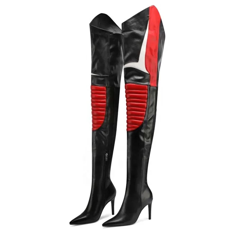 Colorful Mixed Color Women's Over Knee Boots Slim High Heels Side Zipper Pointed Shoes Lady Large Size 44 Thigh High Booties