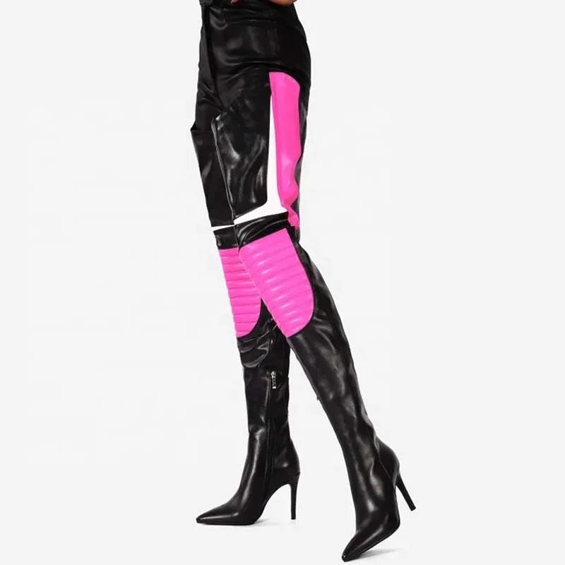 Colorful Mixed Color Women's Over Knee Boots Slim High Heels Side Zipper Pointed Shoes Lady Large Size 44 Thigh High Booties