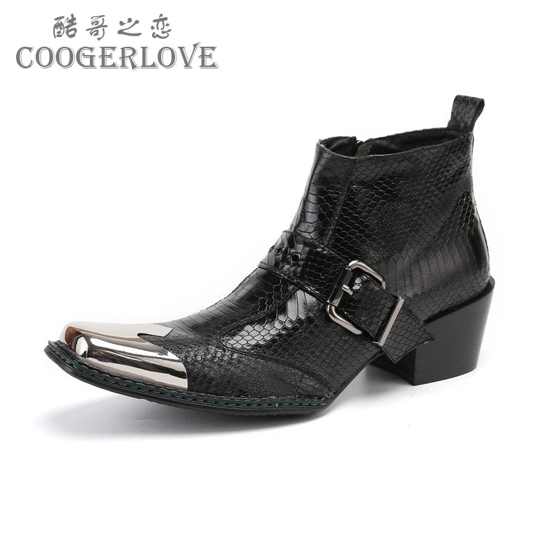 Spring Man Metal Fangtou Belt High-heeled Short boots Western Cowboy Boots Cowhide Serpentine Printing Stage show Party boots