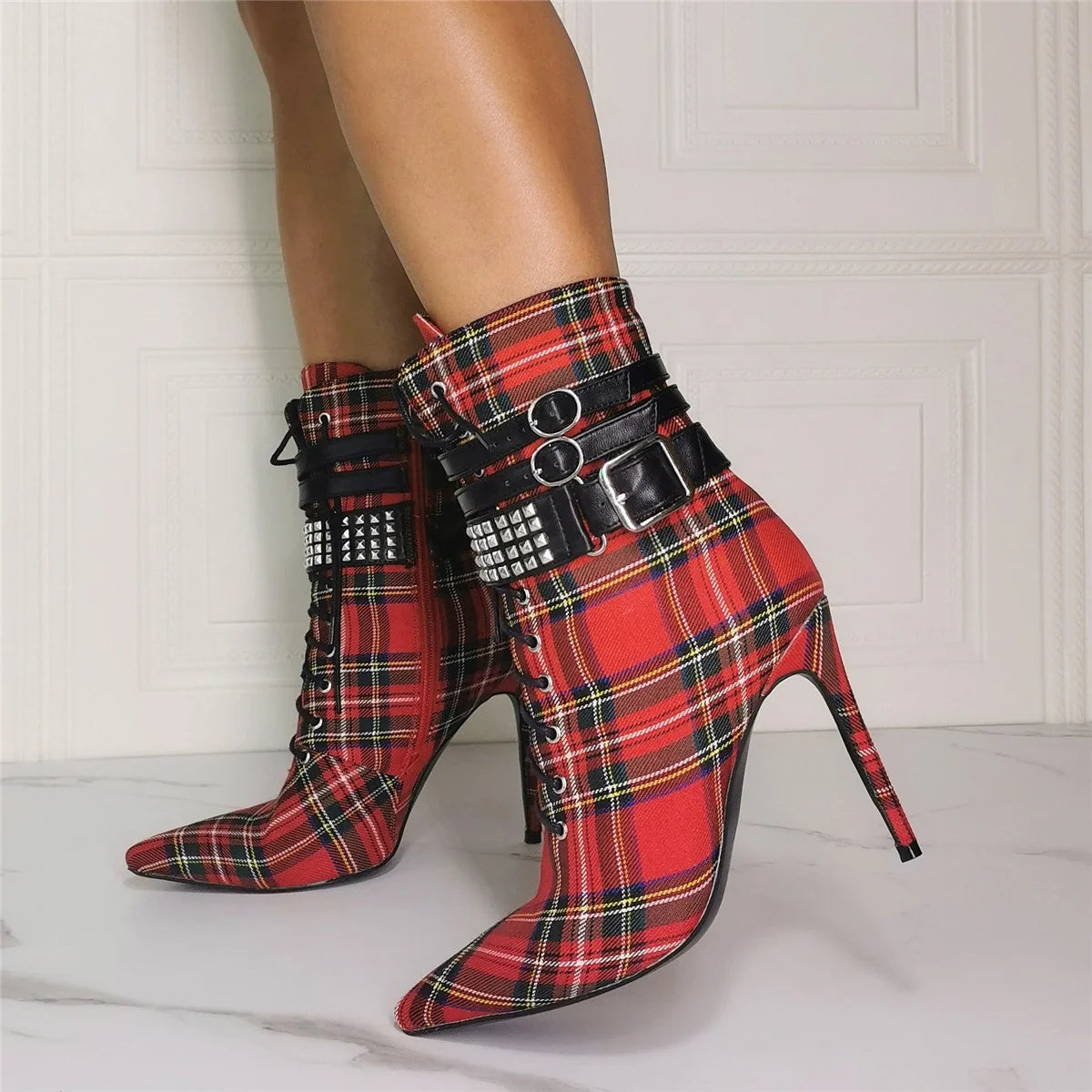 New Arrivals Plaid Pattern Ankle Buckle Strap Pointed Toe Women Ankle Boots Thin High Heels