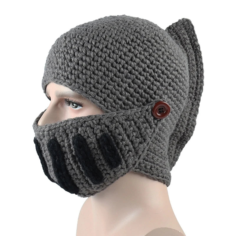 Unisex Autumn Crochet Knitted Roman Knight Helmet Beanie Hat Solid Color Barbarian Earflap Skullies with Removable