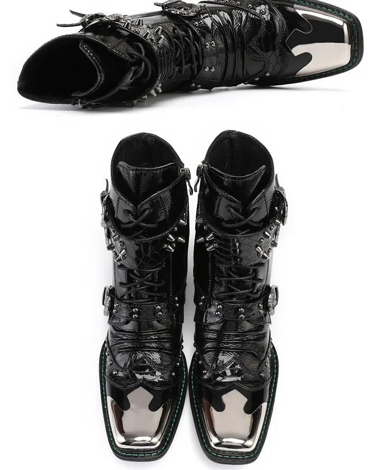 Spring Man Metal Fangtou Belt High-heeled Short boots Western Cowboy Boots Cowhide Serpentine Printing Stage show Party boots