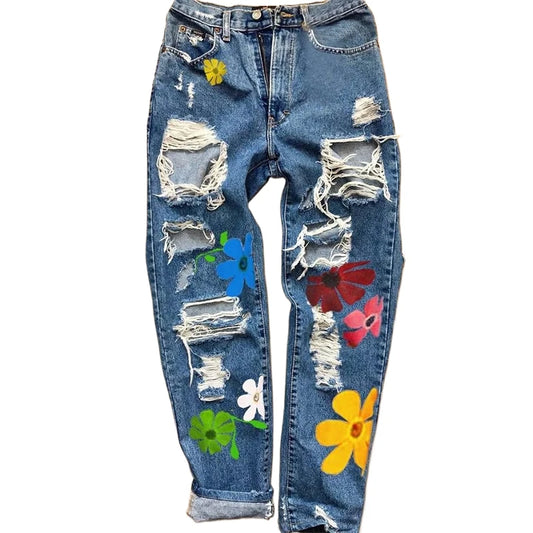 Fashion Trends Women Casual Flower Ladies Pencil Denim Hole Ripped Pattern Jeans