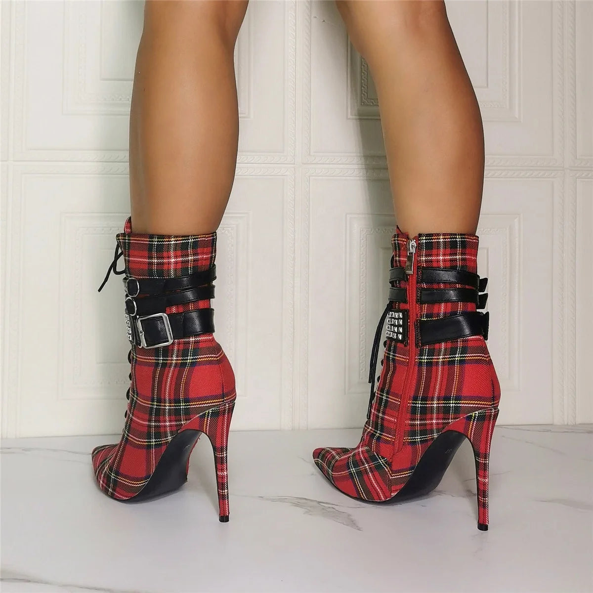 New Arrivals Plaid Pattern Ankle Buckle Strap Pointed Toe Women Ankle Boots Thin High Heels
