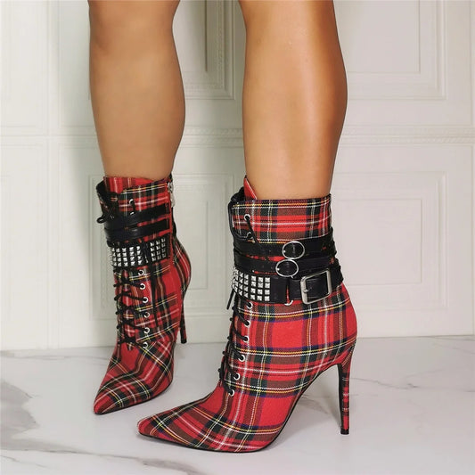 New Arrivals Plaid Pattern Ankle Buckle Strap Pointed Toe Women Ankle Boots Thin High Heels