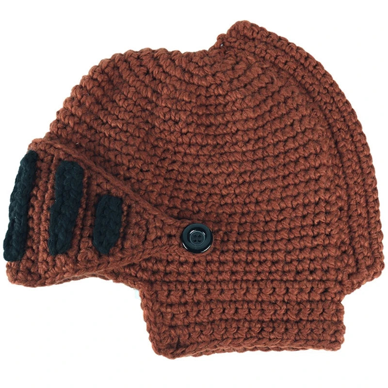 Unisex Autumn Crochet Knitted Roman Knight Helmet Beanie Hat Solid Color Barbarian Earflap Skullies with Removable