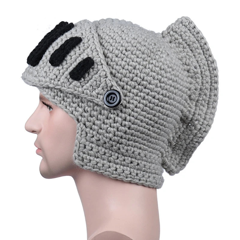 Unisex Autumn Crochet Knitted Roman Knight Helmet Beanie Hat Solid Color Barbarian Earflap Skullies with Removable