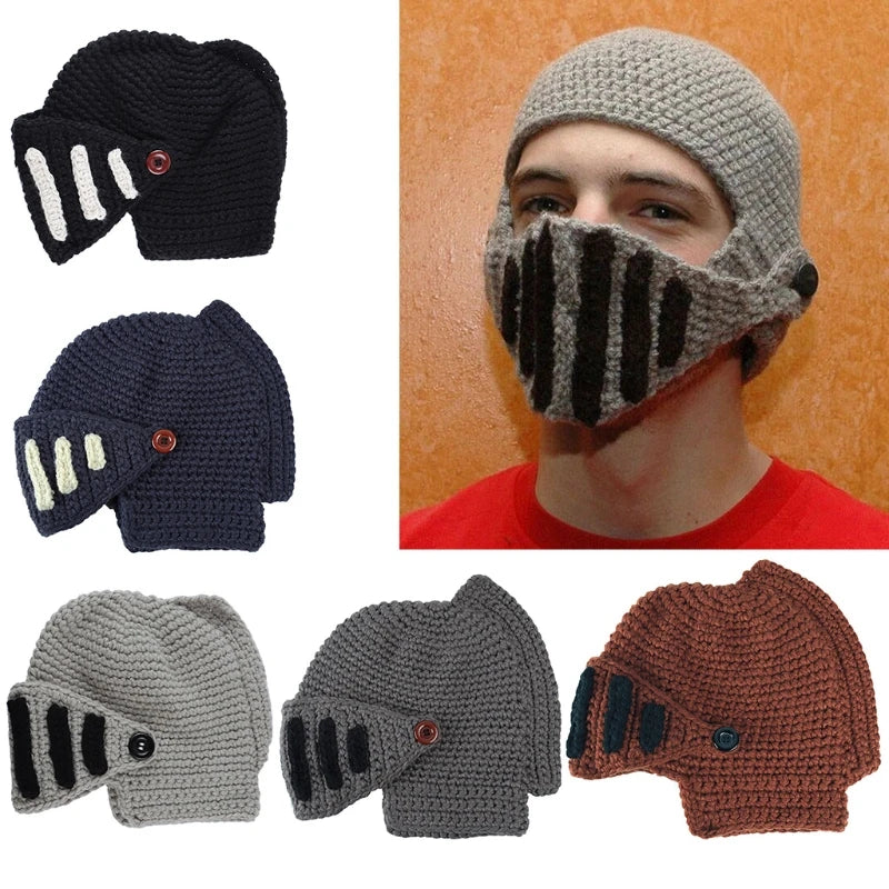 Unisex Autumn Crochet Knitted Roman Knight Helmet Beanie Hat Solid Color Barbarian Earflap Skullies with Removable