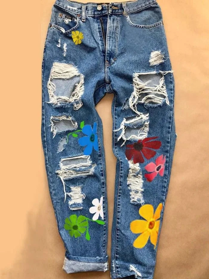Fashion Trends Women Casual Flower Ladies Pencil Denim Hole Ripped Pattern Jeans