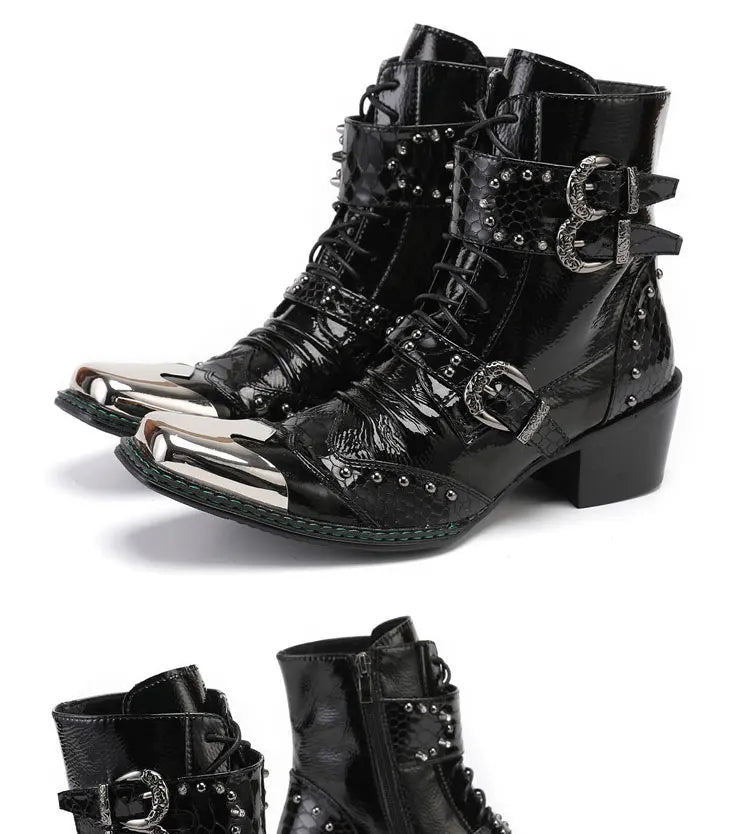 Spring Man Metal Fangtou Belt High-heeled Short boots Western Cowboy Boots Cowhide Serpentine Printing Stage show Party boots