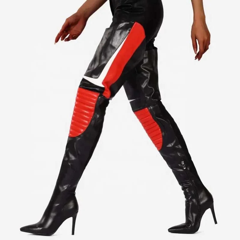 Colorful Mixed Color Women's Over Knee Boots Slim High Heels Side Zipper Pointed Shoes Lady Large Size 44 Thigh High Booties