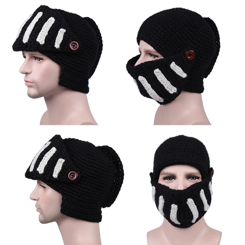 Unisex Autumn Crochet Knitted Roman Knight Helmet Beanie Hat Solid Color Barbarian Earflap Skullies with Removable