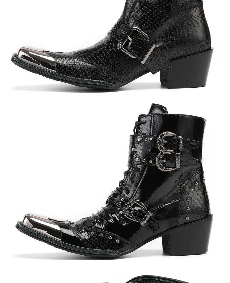 Spring Man Metal Fangtou Belt High-heeled Short boots Western Cowboy Boots Cowhide Serpentine Printing Stage show Party boots