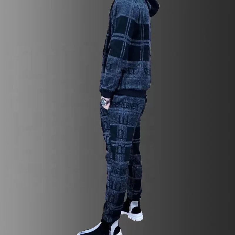 Mens Zipper Hoodie Tracksuit Set Luxury Printed Jacket+Sweatpants Male Lapel Jacket Suit 2Pcs Outdoor Athletic Sets