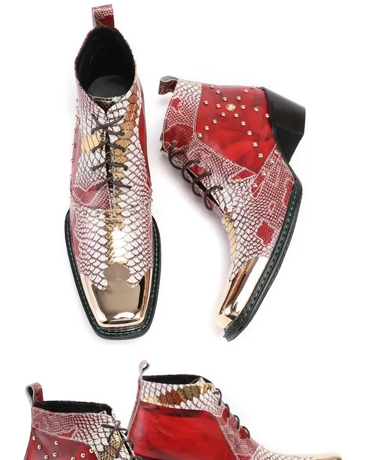 Spring Man Metal Fangtou Belt High-heeled Short boots Western Cowboy Boots Cowhide Serpentine Printing Stage show Party boots