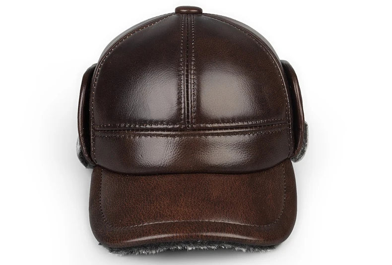 High Quality Genuine Leather Hats Winter First Layer Cowhide Warm Earmuffs Bomber Caps Plus Velvet Thicken Man Bone Caps Dad Hat