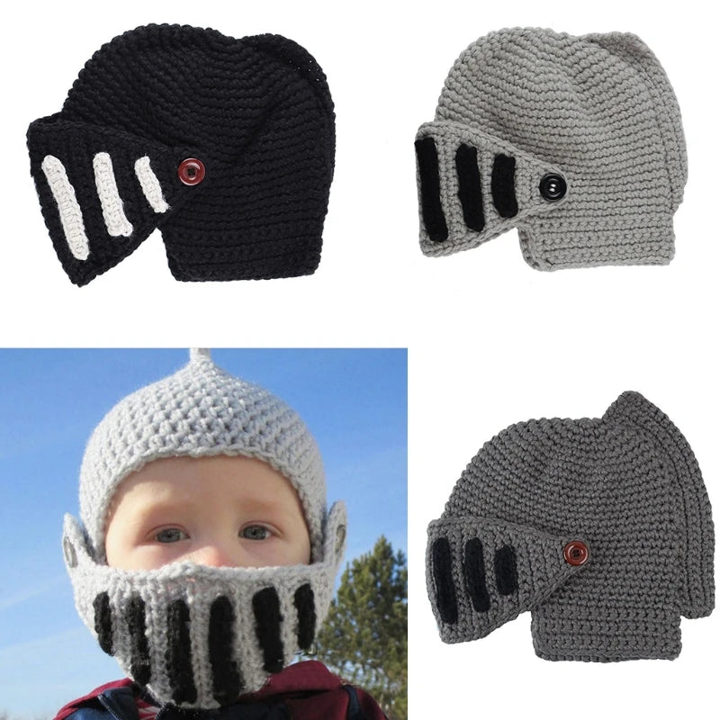 Unisex Autumn Crochet Knitted Roman Knight Helmet Beanie Hat Solid Color Barbarian Earflap Skullies with Removable