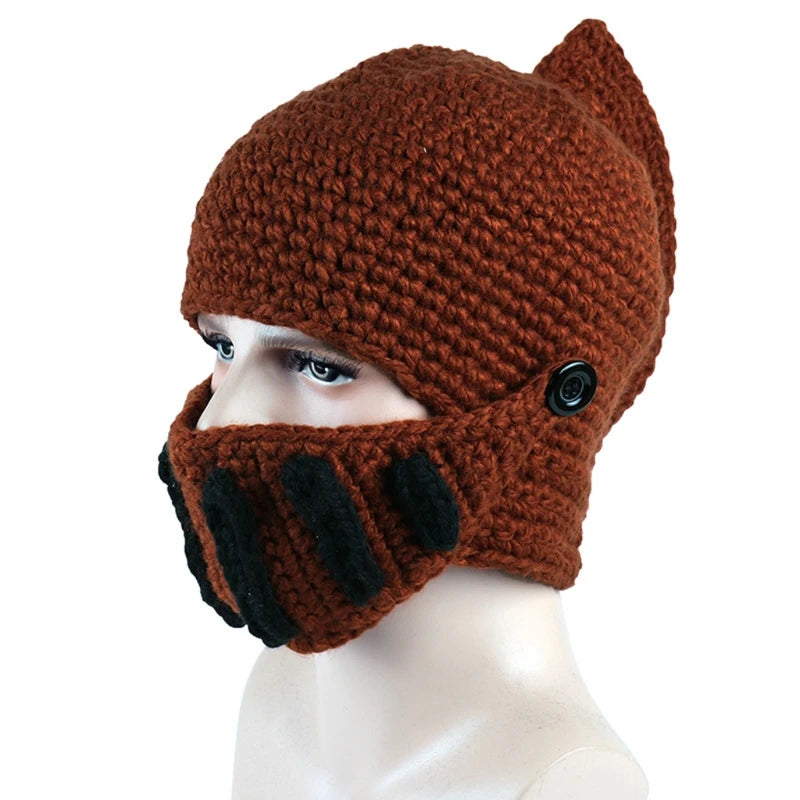 Unisex Autumn Crochet Knitted Roman Knight Helmet Beanie Hat Solid Color Barbarian Earflap Skullies with Removable