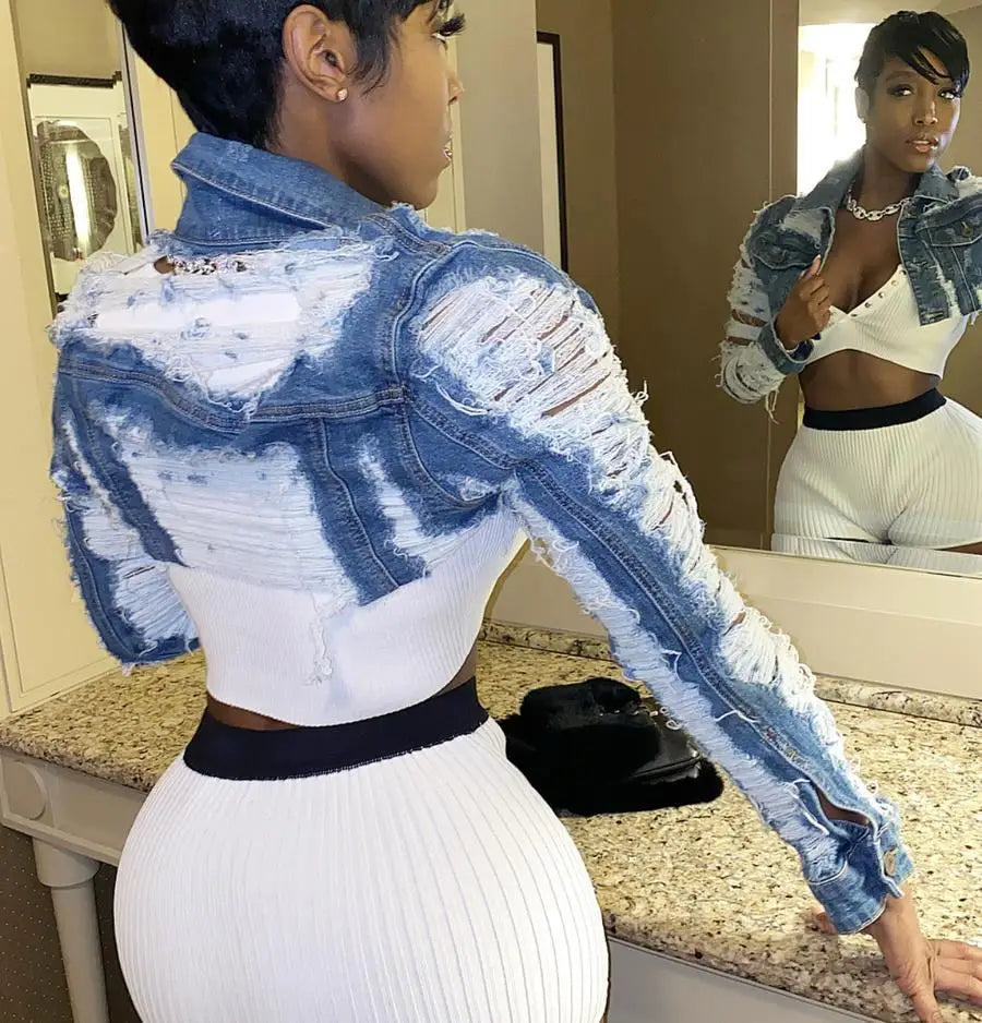 Ladies Fashion Casual Long Sleeve Cut Mini Denim Short Jacket Coat