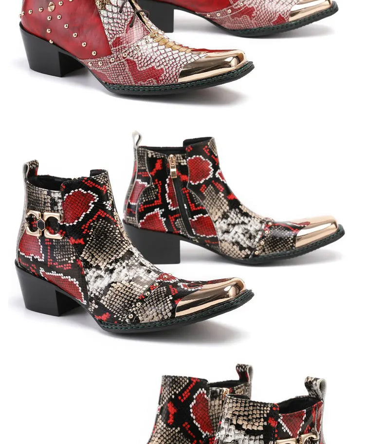 Spring Man Metal Fangtou Belt High-heeled Short boots Western Cowboy Boots Cowhide Serpentine Printing Stage show Party boots