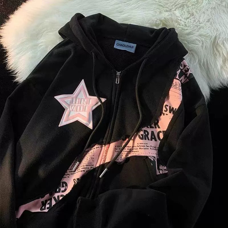 American Fried Street Star Letters Yabi Culture Patchwork Cardigan Sweatshirt Female Spring & Fall Y2g Sweet Cool Style Baggy Coat
