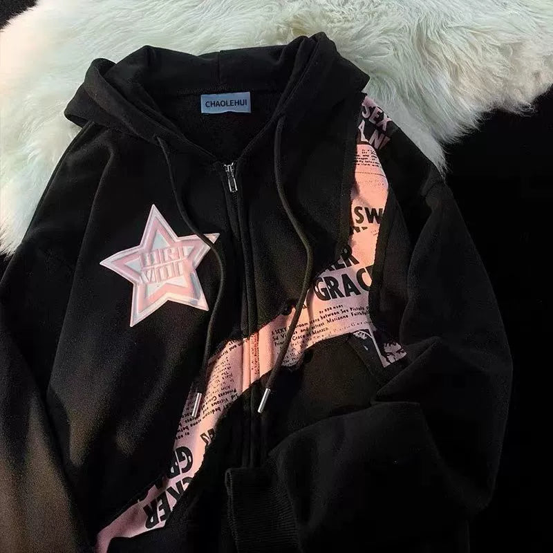 American Fried Street Star Letters Yabi Culture Patchwork Cardigan Sweatshirt Female Spring & Fall Y2g Sweet Cool Style Baggy Coat
