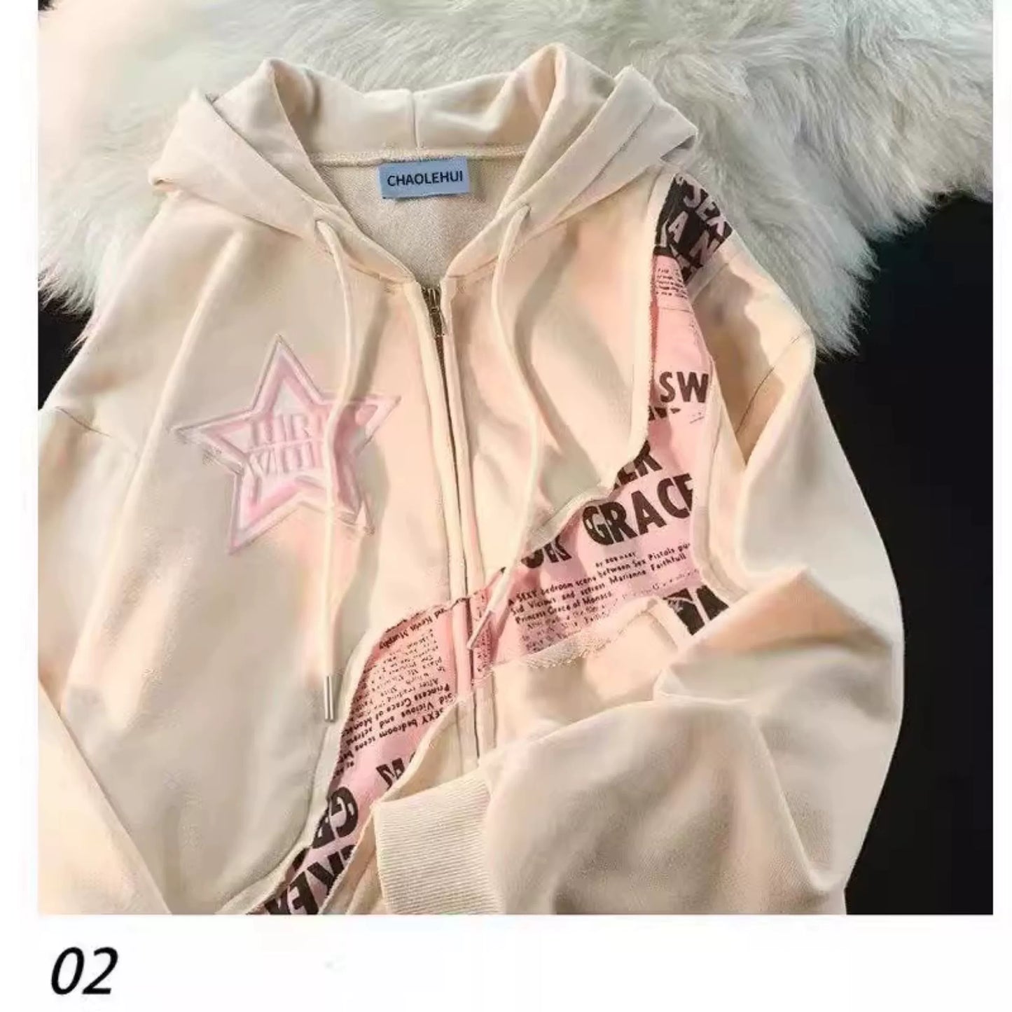 American Fried Street Star Letters Yabi Culture Patchwork Cardigan Sweatshirt Female Spring & Fall Y2g Sweet Cool Style Baggy Coat