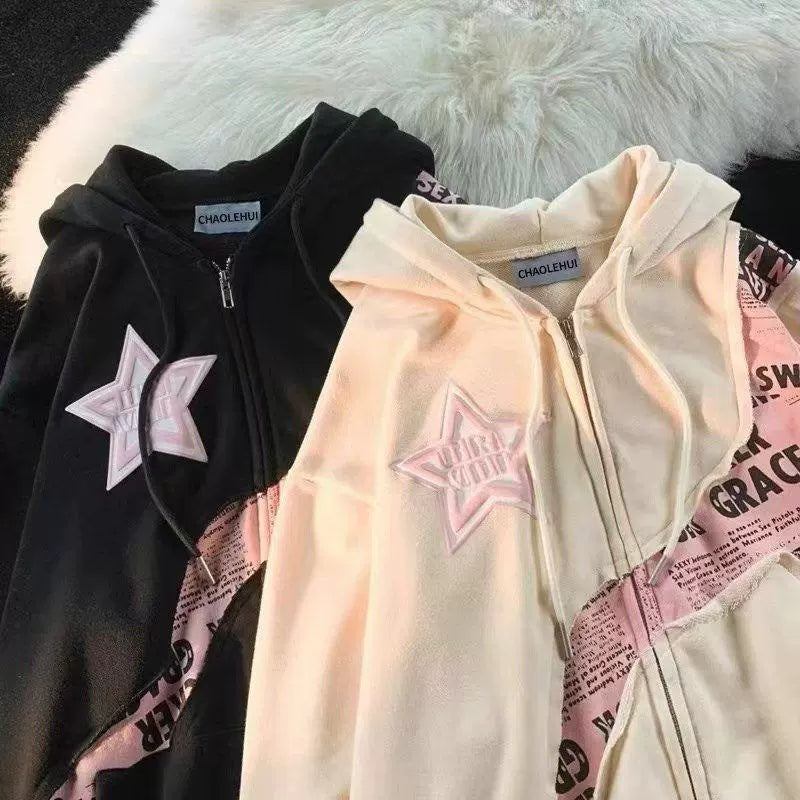 American Fried Street Star Letters Yabi Culture Patchwork Cardigan Sweatshirt Female Spring & Fall Y2g Sweet Cool Style Baggy Coat