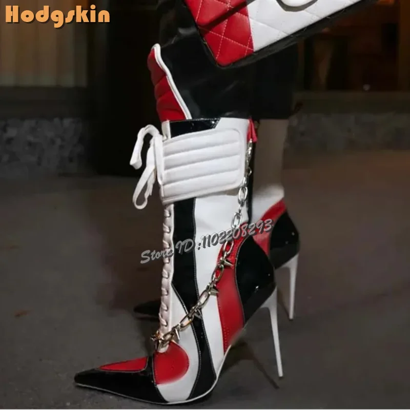 Patchwork Sports Ankle Boots Pointed Cross-tied High Heels Short Boots 2025 Autumn New Women Fashion Stiletto Motorcycle Shoes