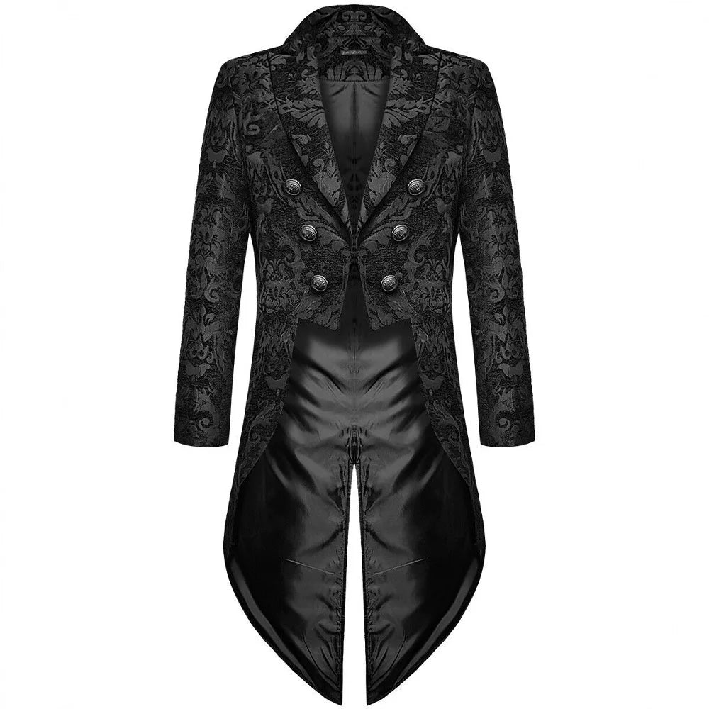 Golden Men's Tailcoat, Black Embroidered Trench Coat,  Long Jacket.