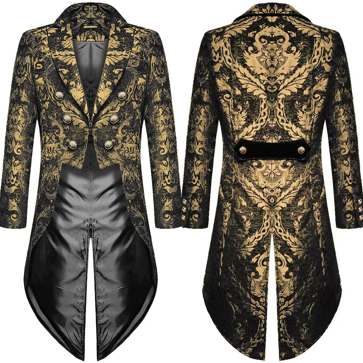 Golden Men's Tailcoat, Black Embroidered Trench Coat,  Long Jacket.