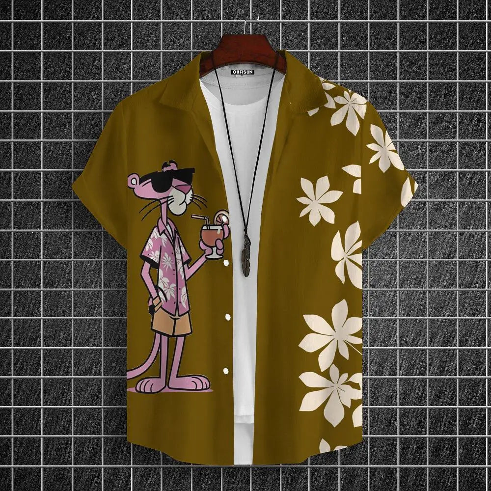 Men's  Cartoon leopard Graphic Print Short Sleeve Lapel Shirt Tops Men's Casual Button-Down Shirts For Summer Daily Wear Resort