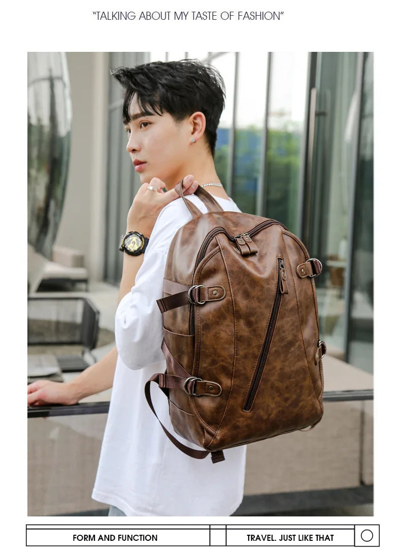soft PU leather vintage casual backpack for men large capacity travel backpack male laptop shoulder bag waterproof work backpack