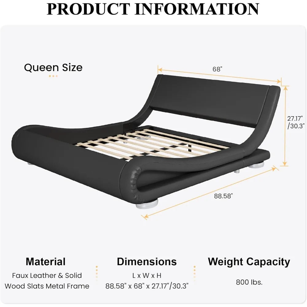 Bed Frame with Faux Leather Ergonomics Headboard, No Box Spring Needed & Easy Assembly