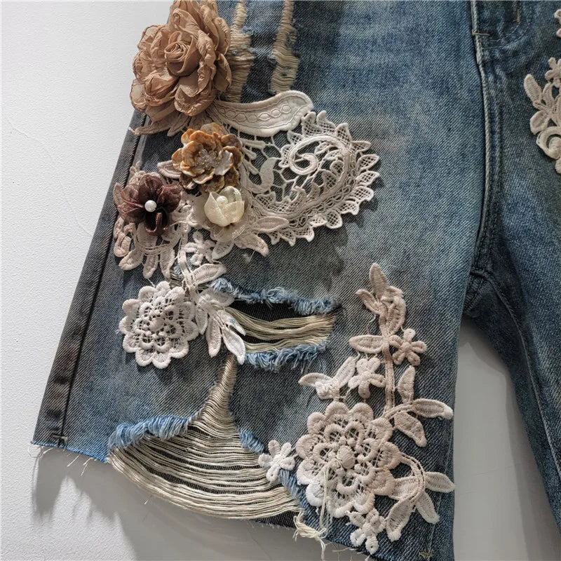 Jenas Shorts Women Summer New Lace Flower Splicing, Brushed, Broken Hole Water Diamond Denim Shorts
