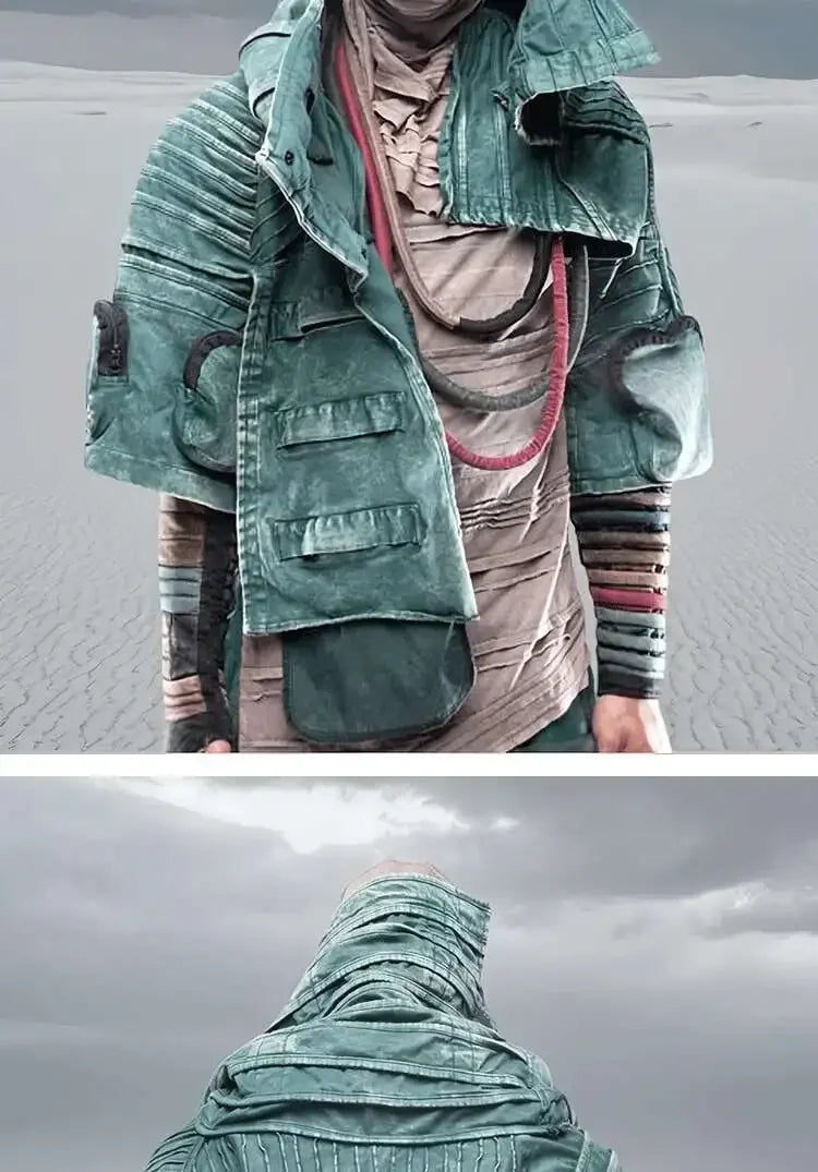 Men and Waste Soil Style  Asymmetric Deconstruction Pleated Jacket Futuristic Washed Short Coat Male