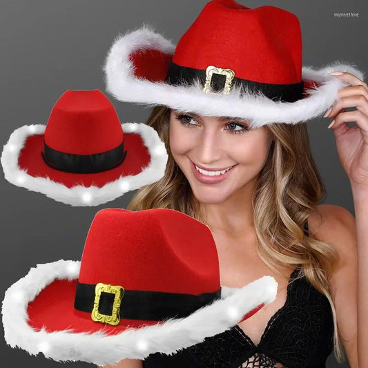 Fashion Santa Claus Party Christmas Luminous Cowboy Hat Western Red Felt Hats Wide Brim Cowgirl Hat Jazz Hat for Women Men