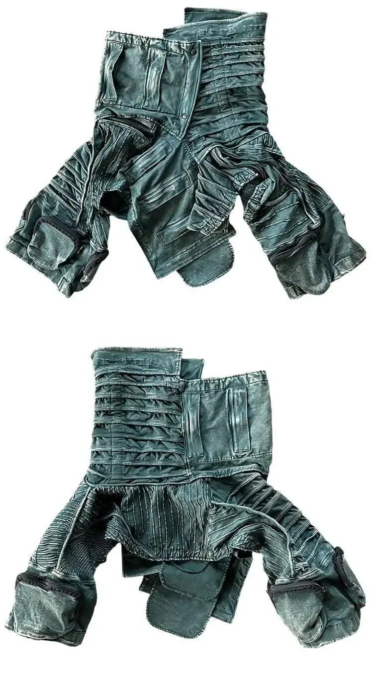 Men and Waste Soil Style  Asymmetric Deconstruction Pleated Jacket Futuristic Washed Short Coat Male