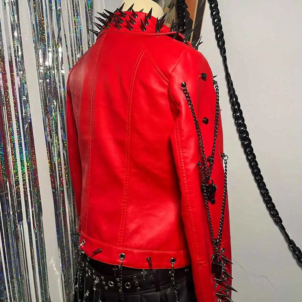 Punk Rock E-Girls Club Wear Harajuku Coat Goth Y2K Pu leather Jacket Zipper Spike Studded Rivet Grunge Chain Emo