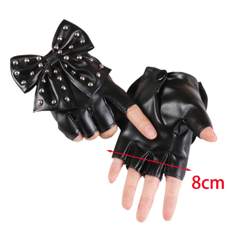 Fashion PU Leather Gloves Big Bow Rivet Sexy Disco Dancing Rock And Roll, Black Punk
