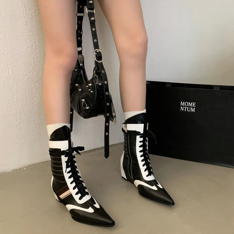 Black And White Boots Women Pointed Toe Lace Up Sports Style Wedges Shoe Fall Mid-calf Boots Comfort High Heels New Arrivals