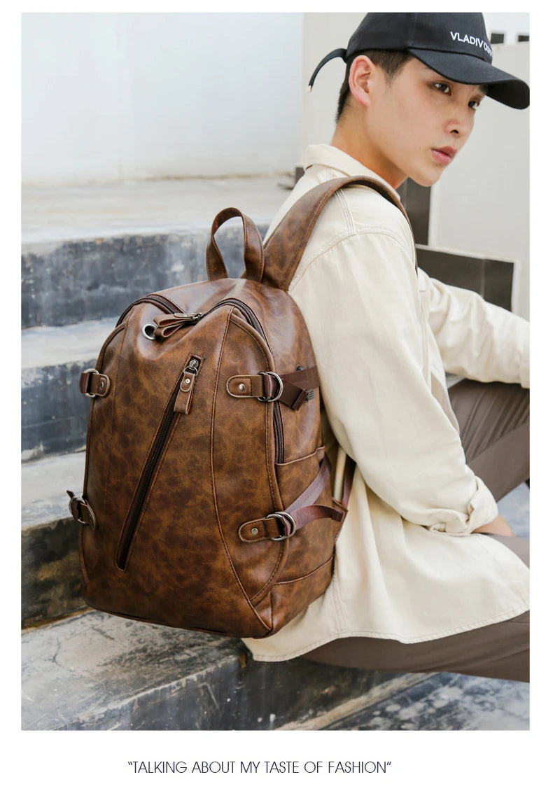 soft PU leather vintage casual backpack for men large capacity travel backpack male laptop shoulder bag waterproof work backpack