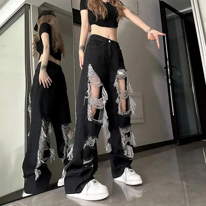 New Front-Rear  Broken Hole Jeans All-Match Distressed Women High Street Hip Hop High Waist Straight Loose Trousers