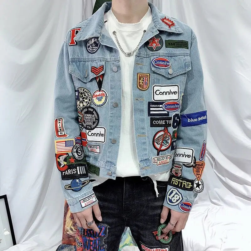 Men's Embroidered Denim Jacket Trendy Slim Fit w Badge Jeans Coat
