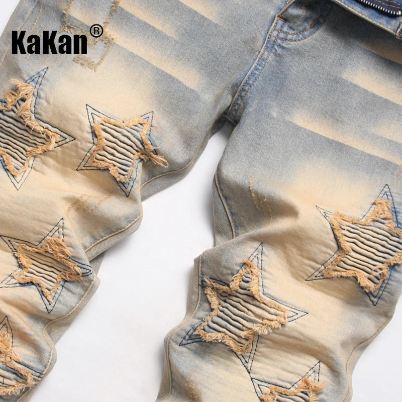 Kakan - New European and American Embroidered and Embroidered Long Jeans for Men's Wear, Retro Cuffed Fashion Stretch Jeans