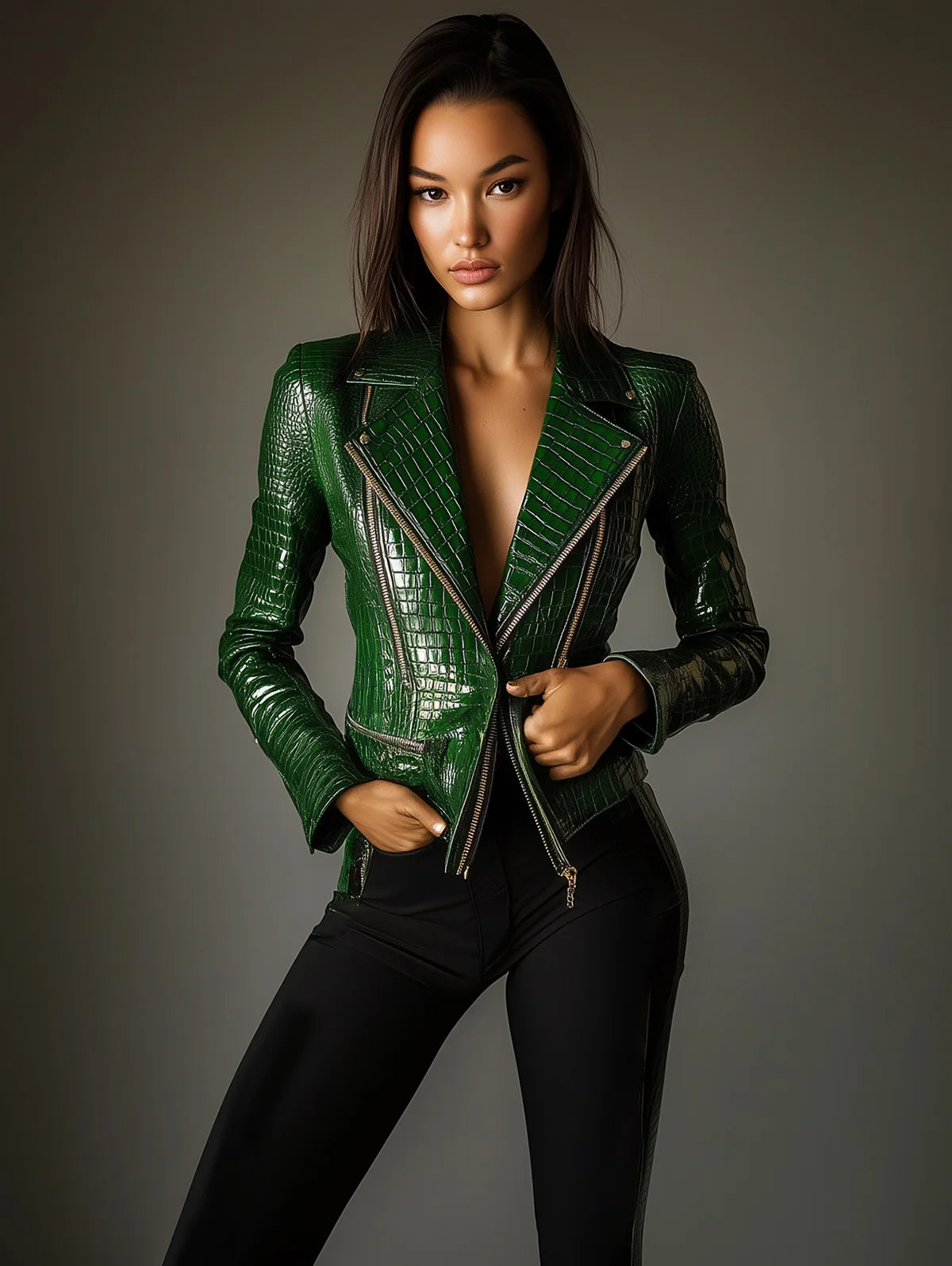 PU Leather Jacket 2026 New Women's Autumn/Winter Solid Color Jacket Fashion Lapel Collar Alligator Pattern Zipper Jacket Coat