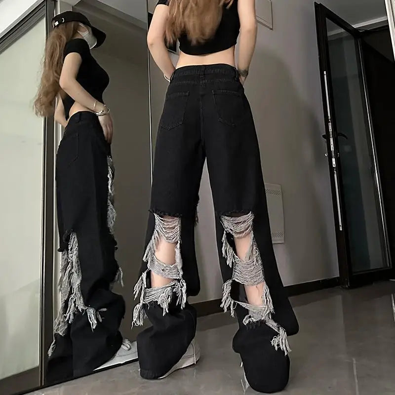 New Front-Rear  Broken Hole Jeans All-Match Distressed Women High Street Hip Hop High Waist Straight Loose Trousers
