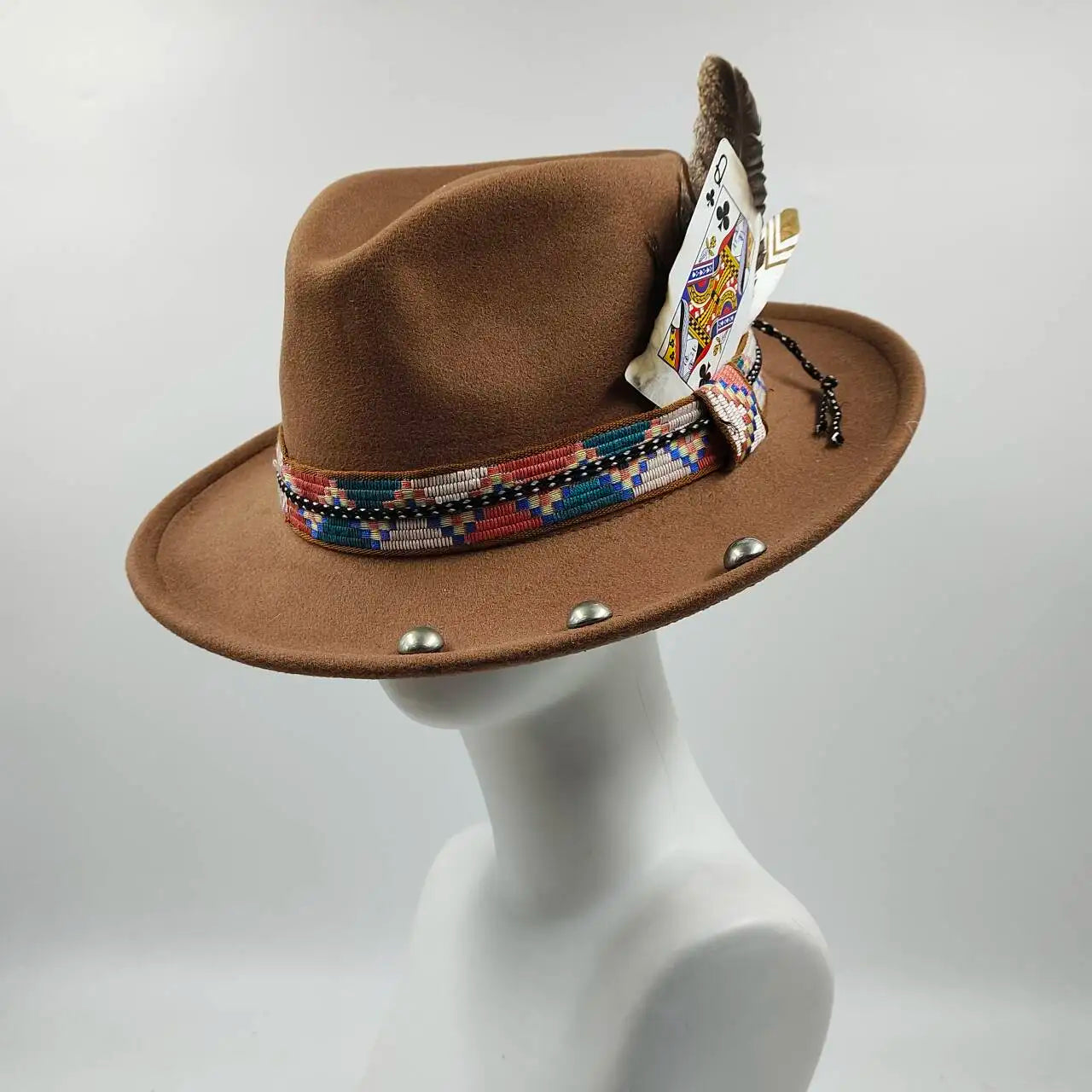 Feather Fedoras Hat for Men Women Black Felt Wide Brim Jazz Cap Plum Blossom 8 Playing Card