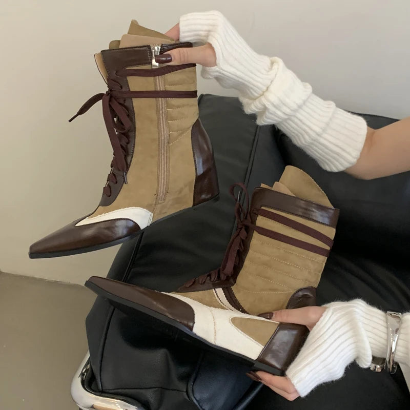 Black And White Boots Women Pointed Toe Lace Up Sports Style Wedges Shoe Fall Mid-calf Boots Comfort High Heels New Arrivals