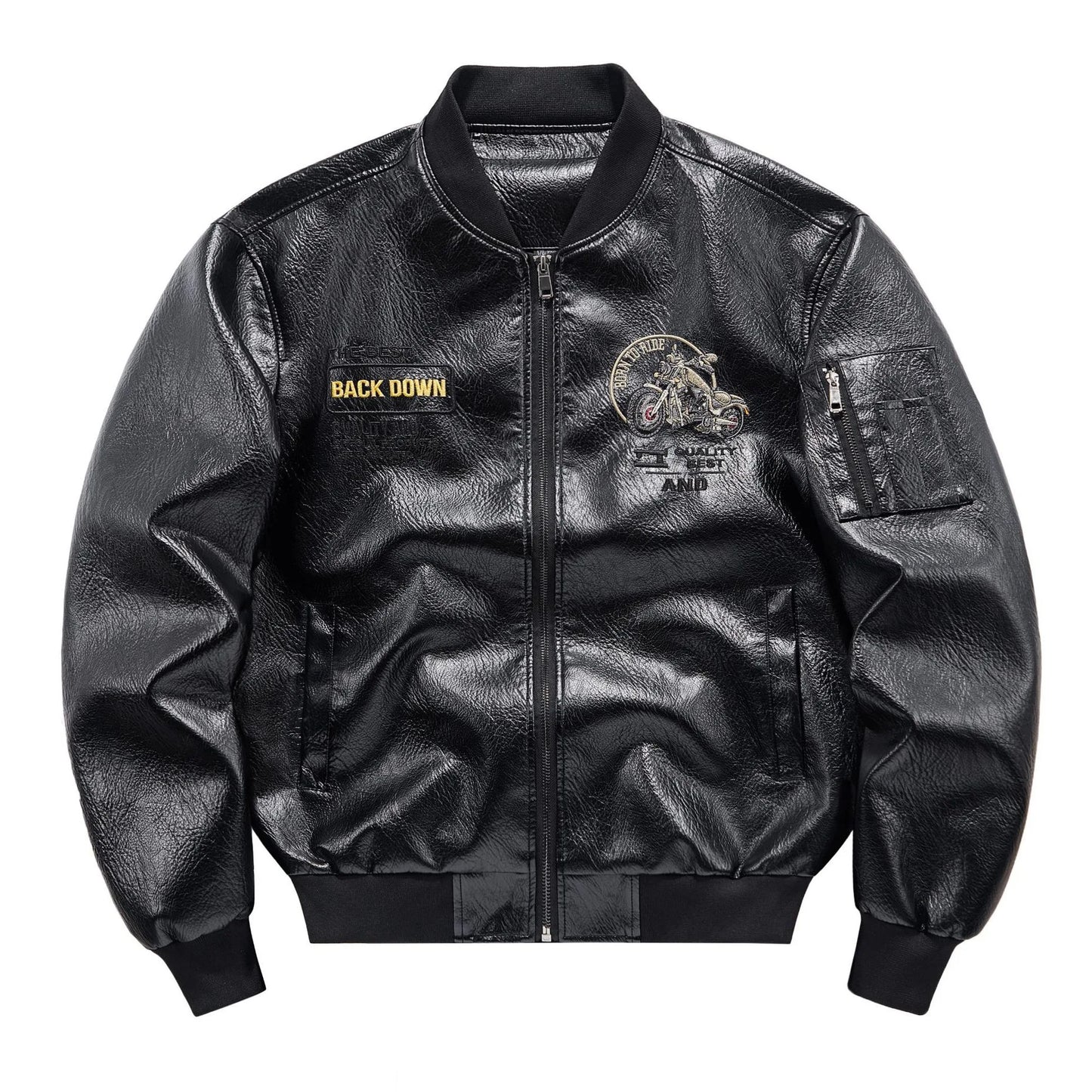 Autumn Winter Men Leather Jacket Motorcycle Punk Embroidery Stand Collar Male Plush Coat Waterproof Long Sleeve Man Outerwear